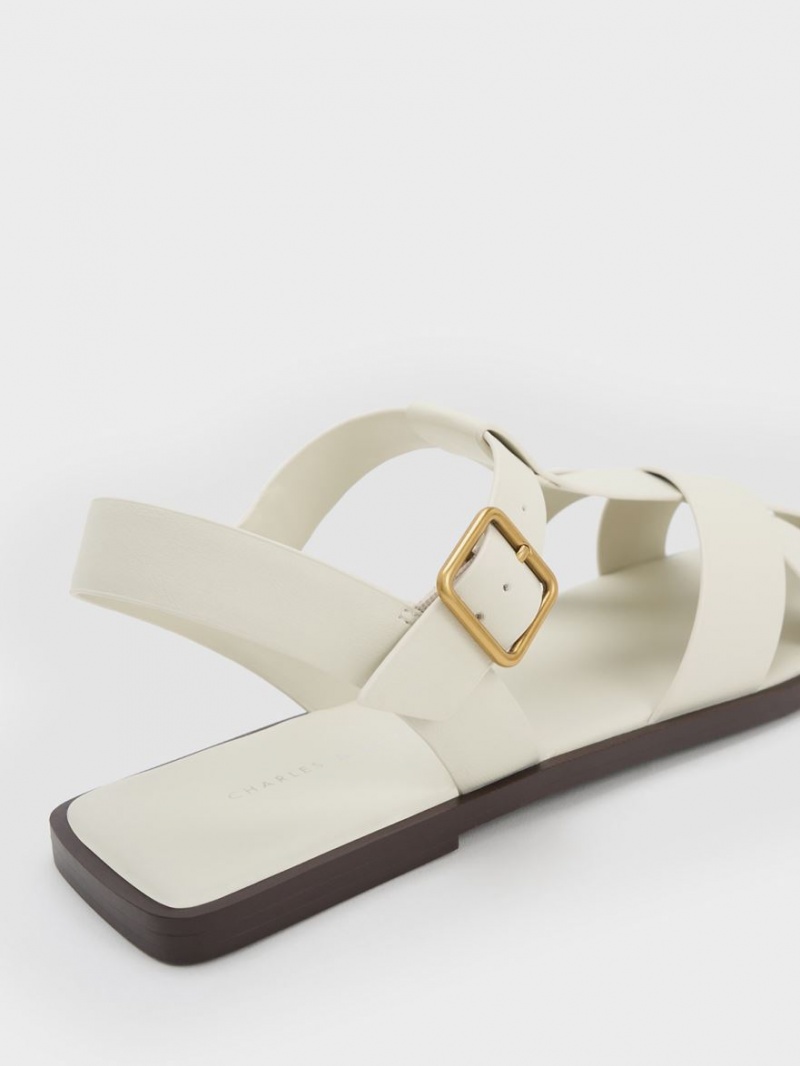 Charles And Keith Strappy Crossover Flat Sandals White | PHILIPPINES M146