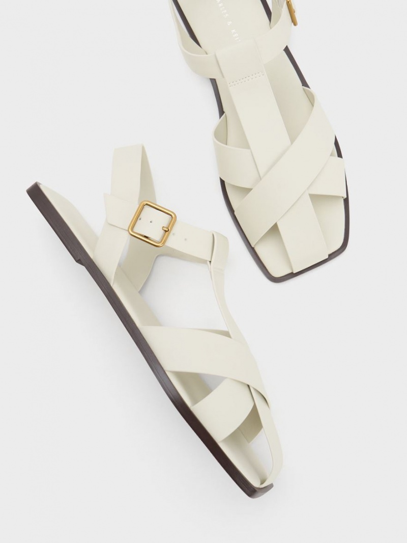 Charles And Keith Strappy Crossover Flat Sandals White | PHILIPPINES M146