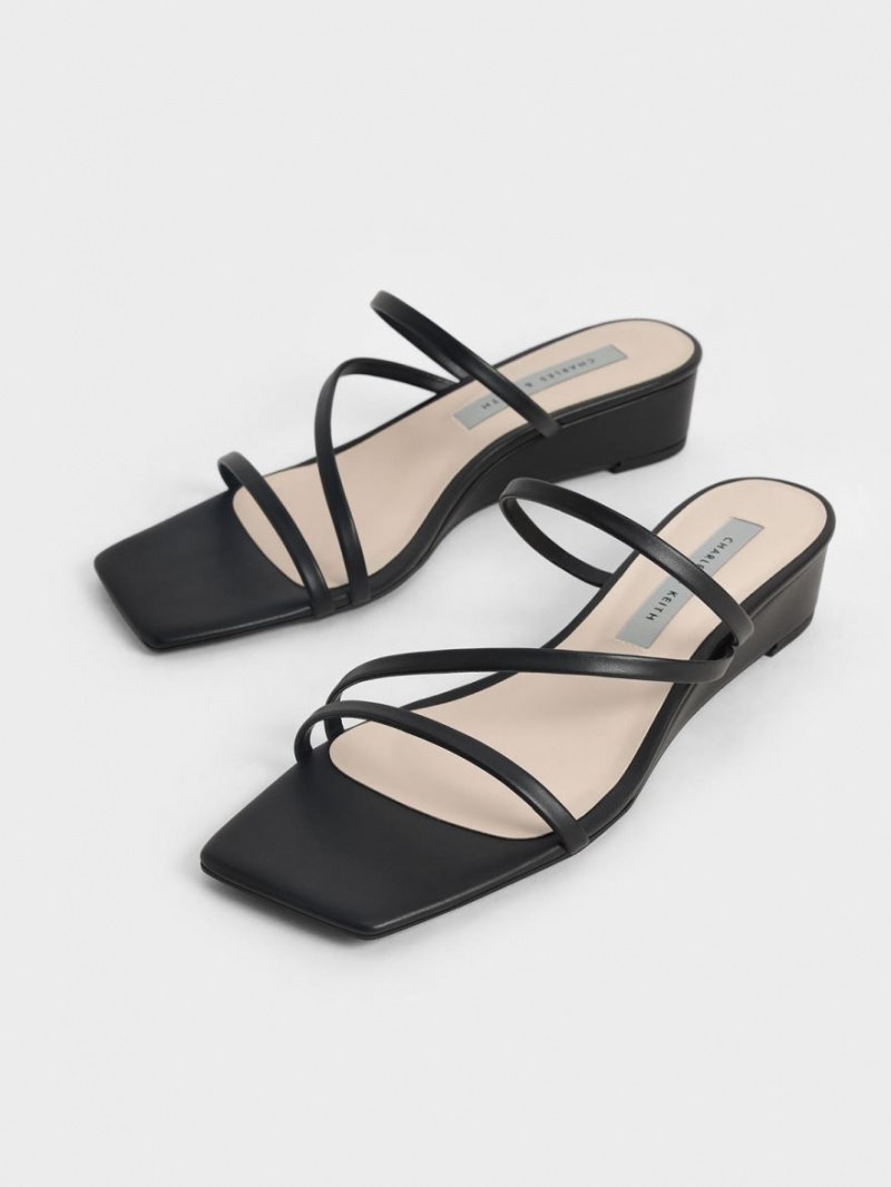 Charles And Keith Strappy Wedge Mules Black | PHILIPPINES L240