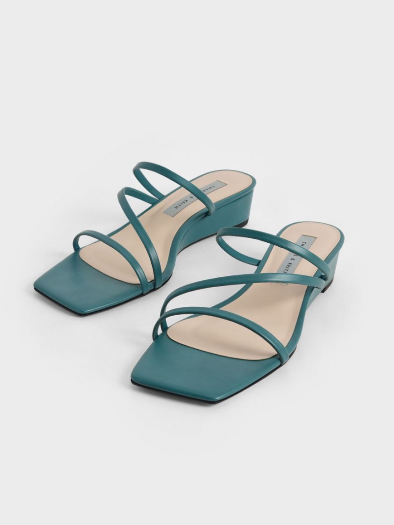 Charles And Keith Strappy Wedge Mules Green | PHILIPPINES K917