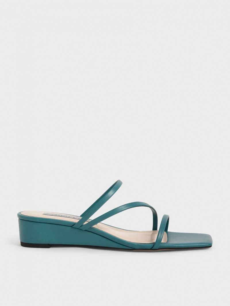 Charles And Keith Strappy Wedge Mules Green | PHILIPPINES K917