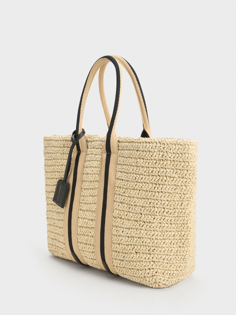 Charles And Keith Striped Handles Raffia Tote Bags Beige | PHILIPPINES L287