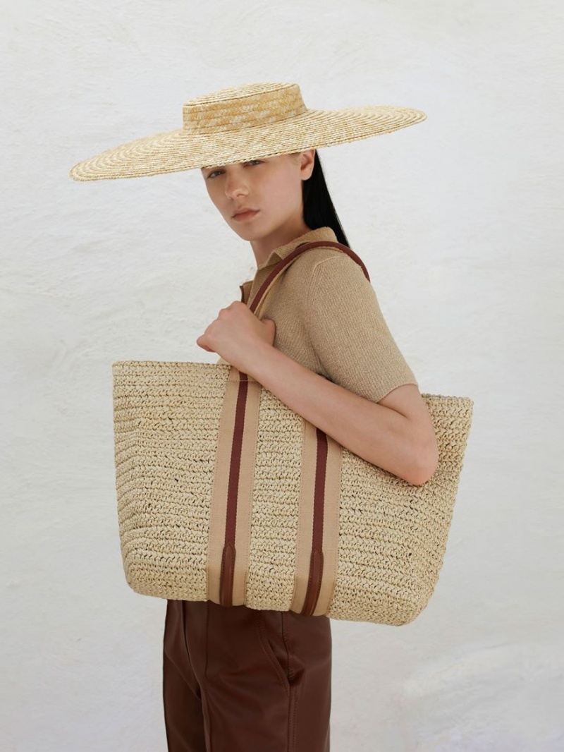 Charles And Keith Striped Handles Raffia Tote Bags Beige | PHILIPPINES S804