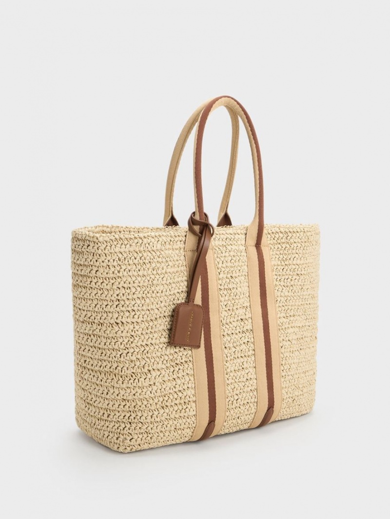 Charles And Keith Striped Handles Raffia Tote Bags Beige | PHILIPPINES S804