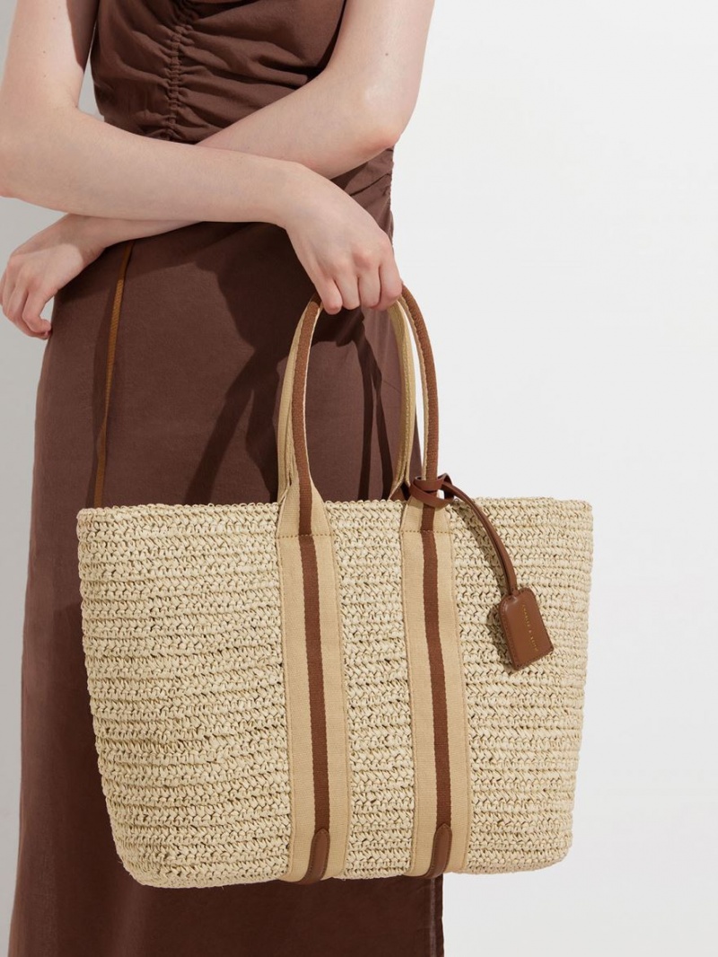 Charles And Keith Striped Handles Raffia Tote Bags Beige | PHILIPPINES S804