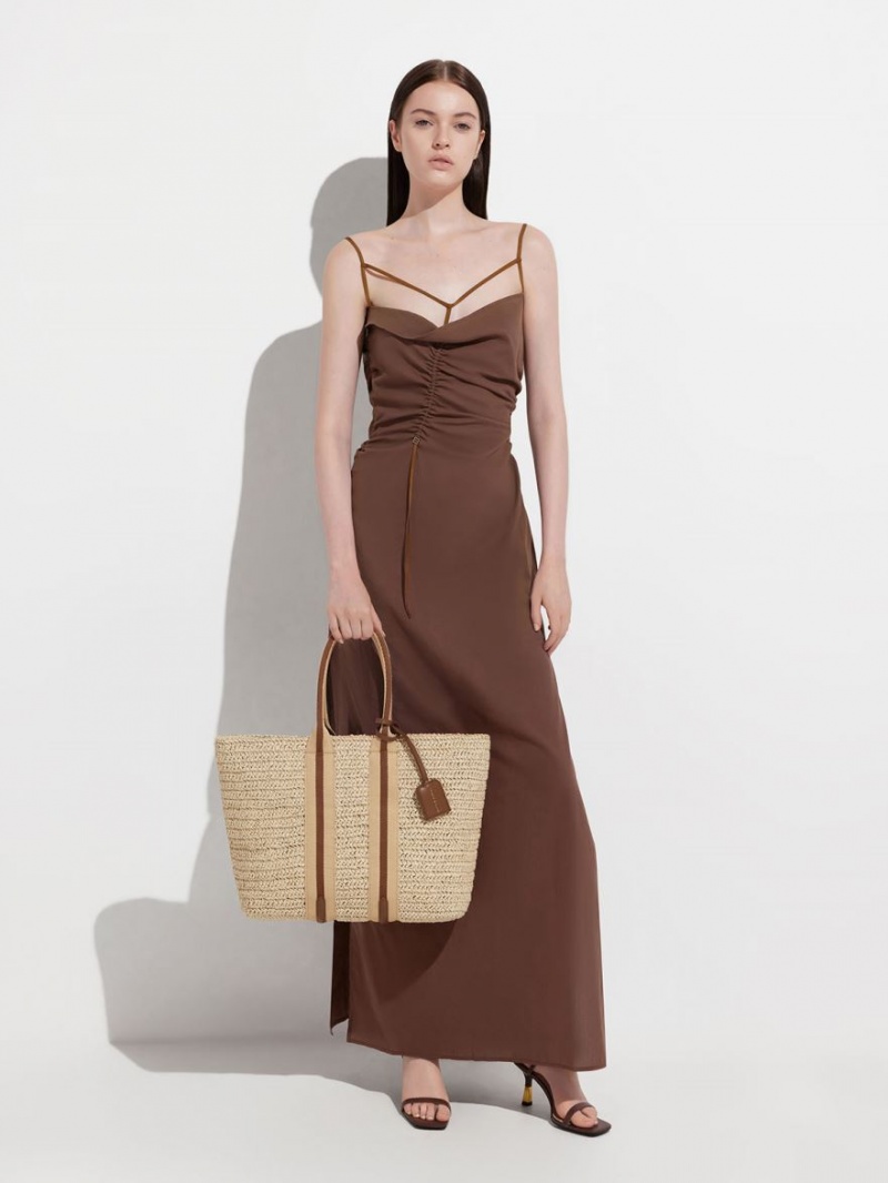 Charles And Keith Striped Handles Raffia Tote Bags Beige | PHILIPPINES S804