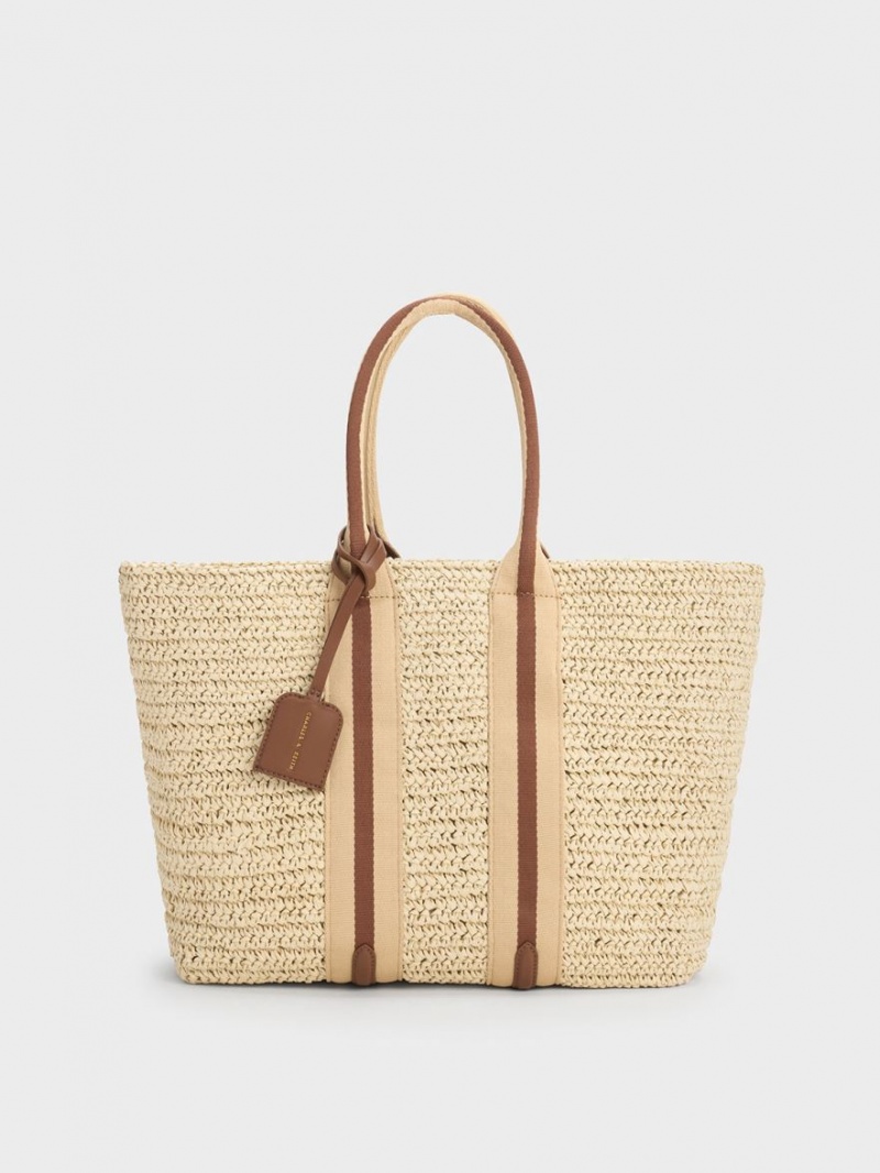 Charles And Keith Striped Handles Raffia Tote Bags Beige | PHILIPPINES S804