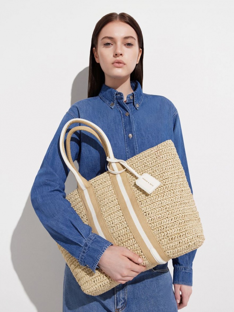 Charles And Keith Striped Handles Raffia Tote Bags Beige | PHILIPPINES G098