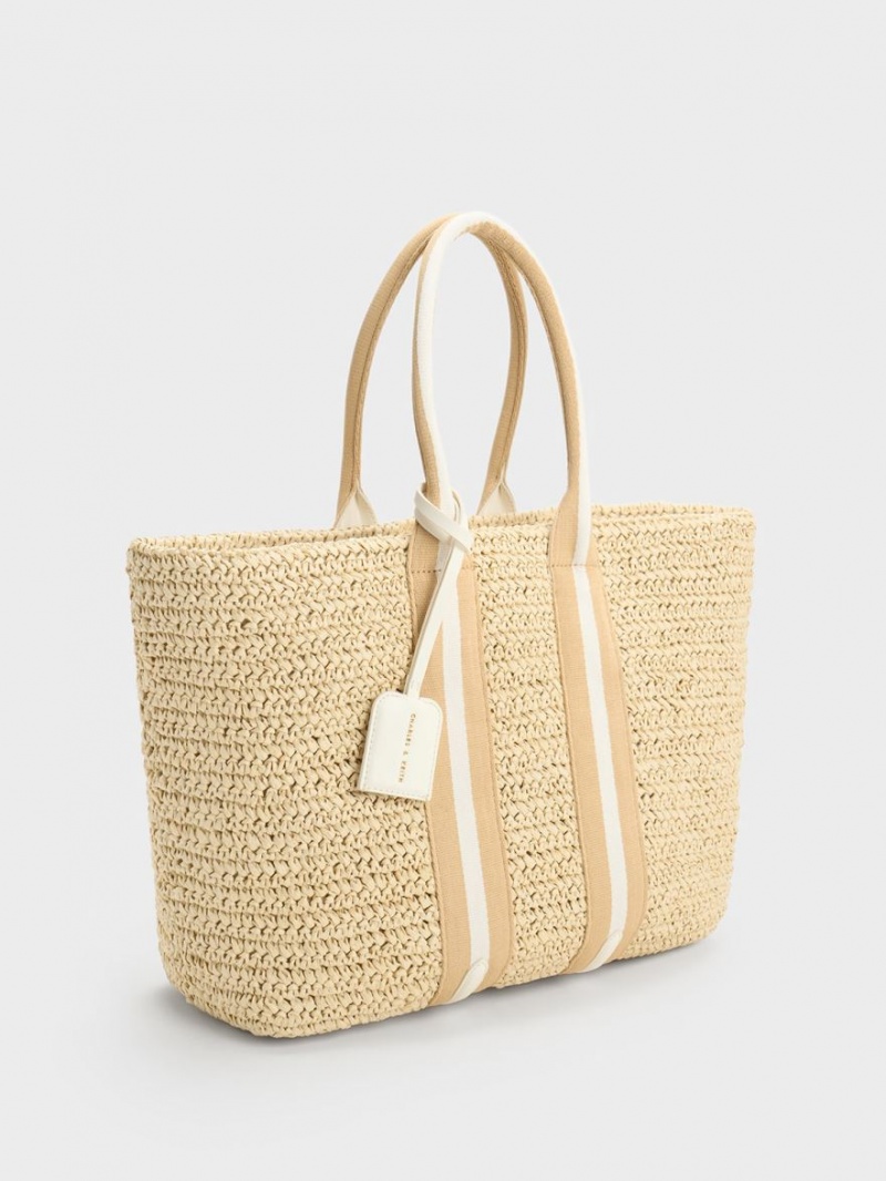 Charles And Keith Striped Handles Raffia Tote Bags Beige | PHILIPPINES G098