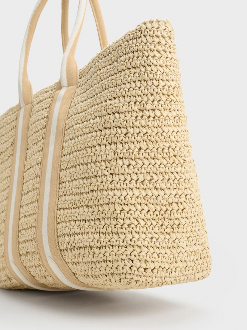 Charles And Keith Striped Handles Raffia Tote Bags Beige | PHILIPPINES G098