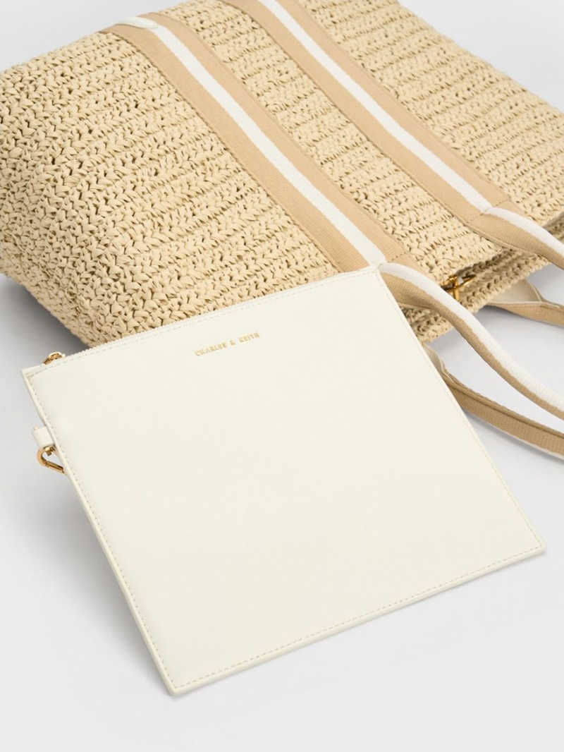 Charles And Keith Striped Handles Raffia Tote Bags Beige | PHILIPPINES G098