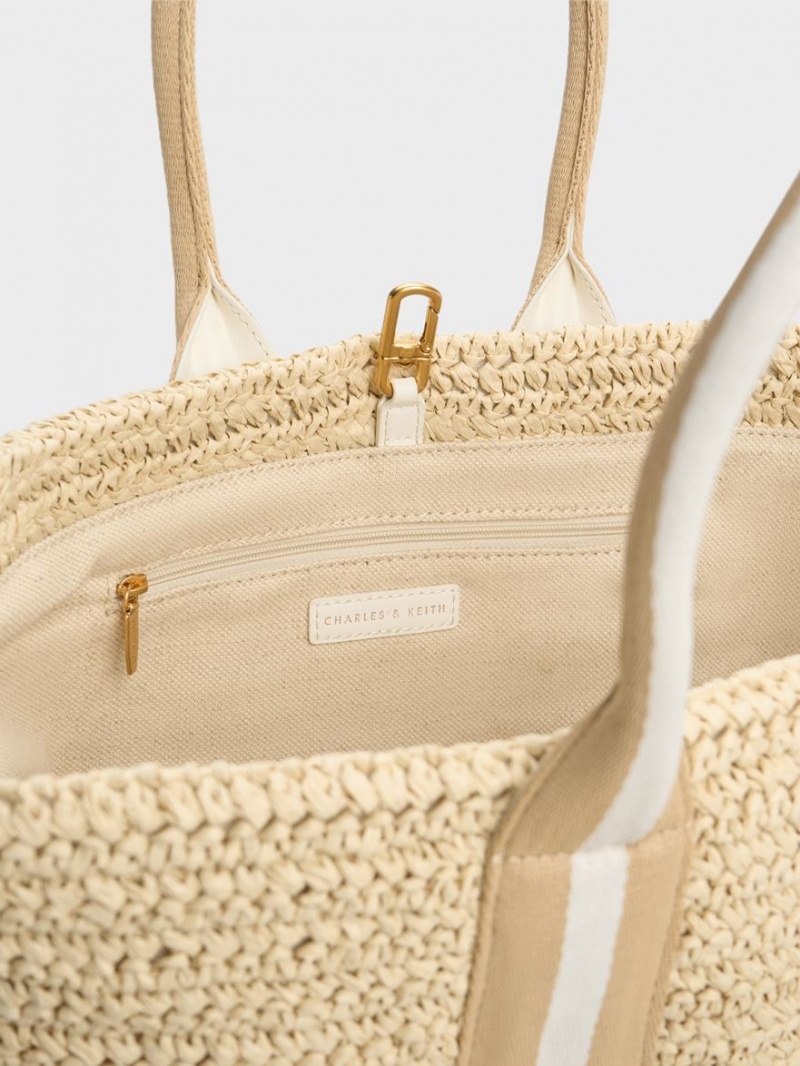 Charles And Keith Striped Handles Raffia Tote Bags Beige | PHILIPPINES G098