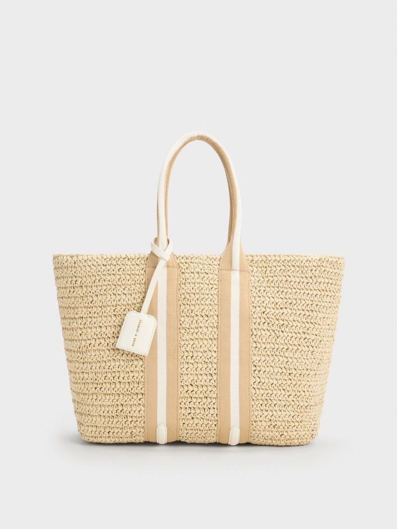 Charles And Keith Striped Handles Raffia Tote Bags Beige | PHILIPPINES G098