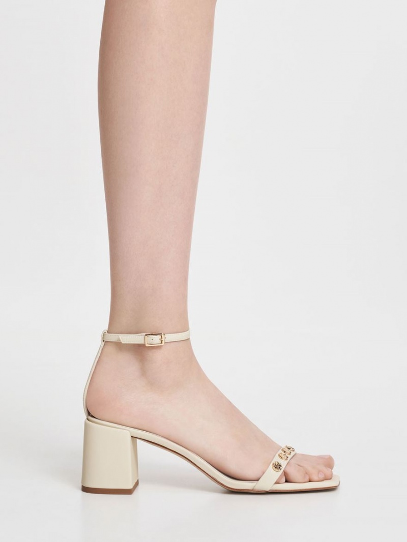 Charles And Keith Studded Ankle-Strap Heels Sandals Cream | PHILIPPINES A036