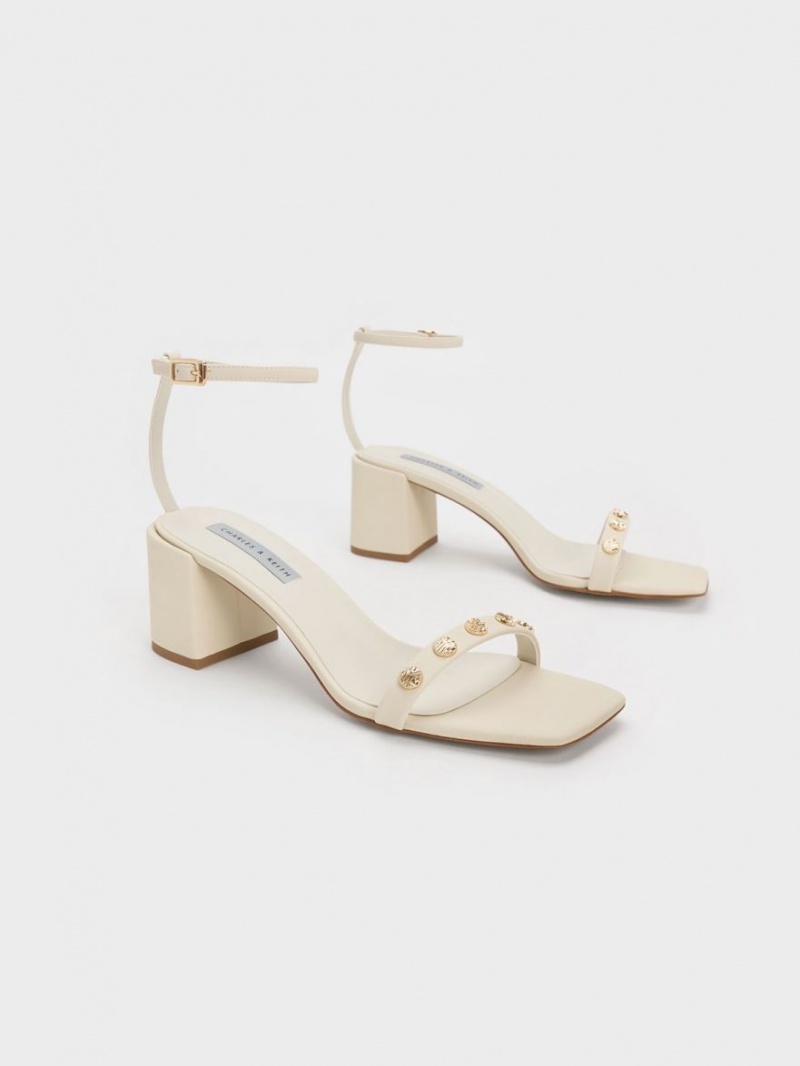 Charles And Keith Studded Ankle-Strap Heels Sandals Cream | PHILIPPINES A036