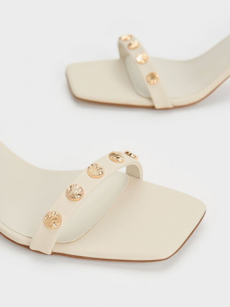 Charles And Keith Studded Ankle-Strap Heels Sandals Cream | PHILIPPINES A036