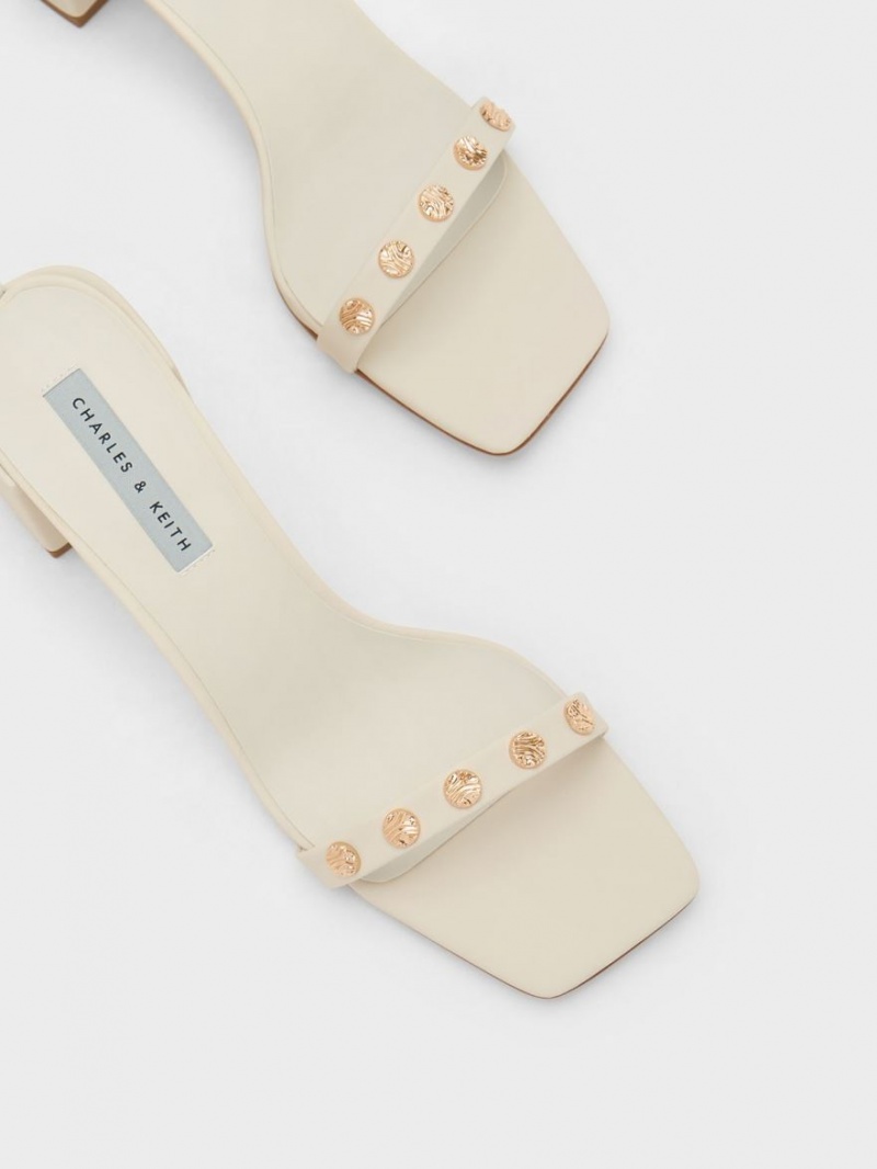 Charles And Keith Studded Ankle-Strap Heels Sandals Cream | PHILIPPINES A036