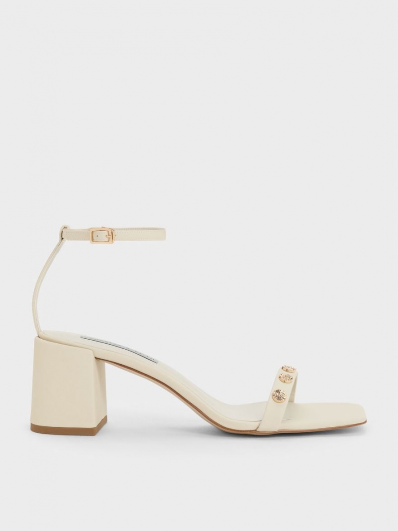 Charles And Keith Studded Ankle-Strap Heels Sandals Cream | PHILIPPINES A036