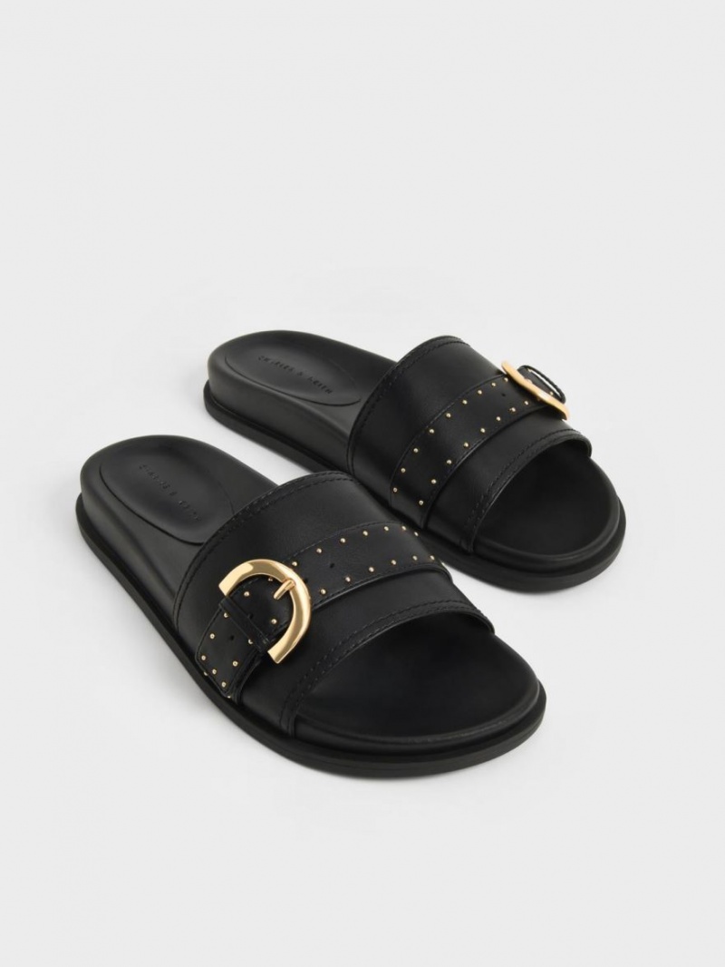 Charles And Keith Studded Buckle Slide Sandals Black | PHILIPPINES H235