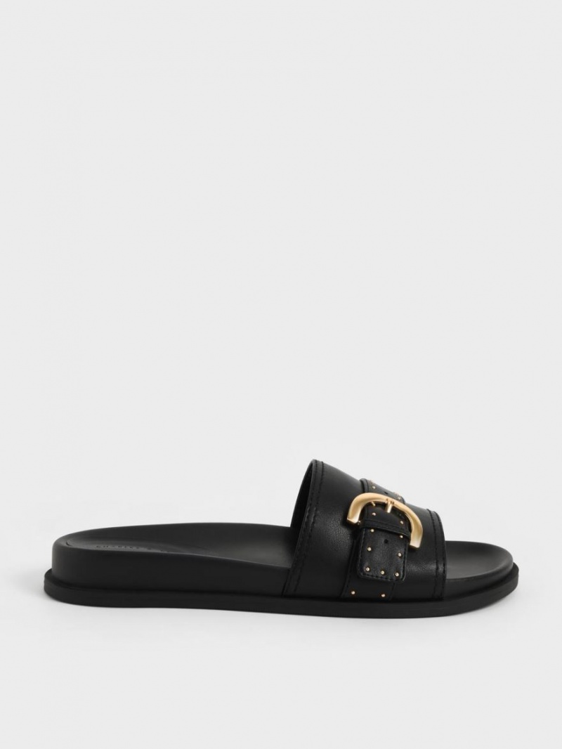 Charles And Keith Studded Buckle Slide Sandals Black | PHILIPPINES H235