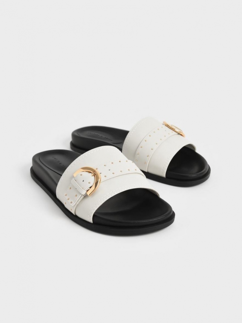 Charles And Keith Studded Buckle Slide Sandals White | PHILIPPINES M057