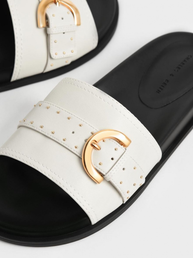 Charles And Keith Studded Buckle Slide Sandals White | PHILIPPINES M057