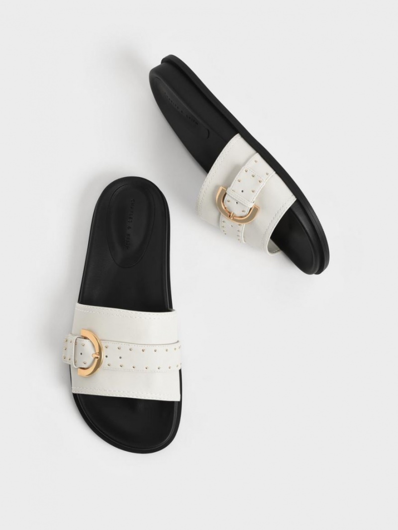 Charles And Keith Studded Buckle Slide Sandals White | PHILIPPINES M057