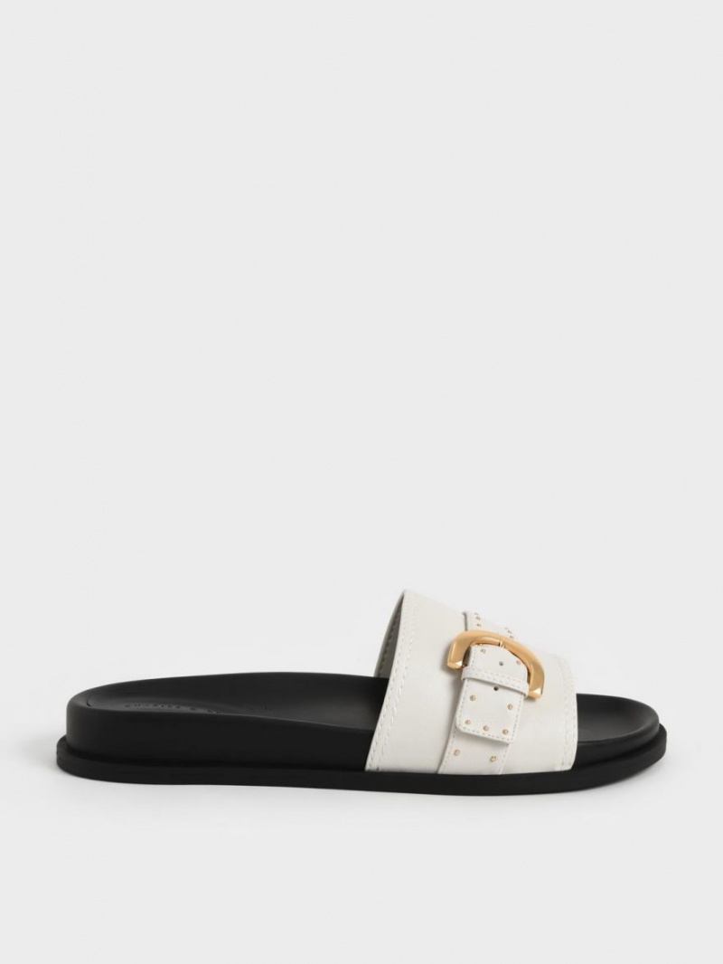 Charles And Keith Studded Buckle Slide Sandals White | PHILIPPINES M057