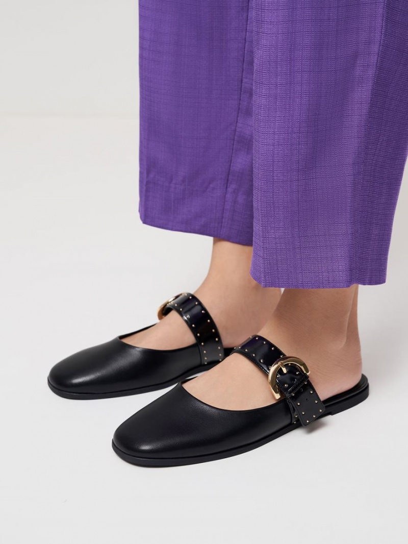 Charles And Keith Studded Buckled Flat Mules Black | PHILIPPINES L057