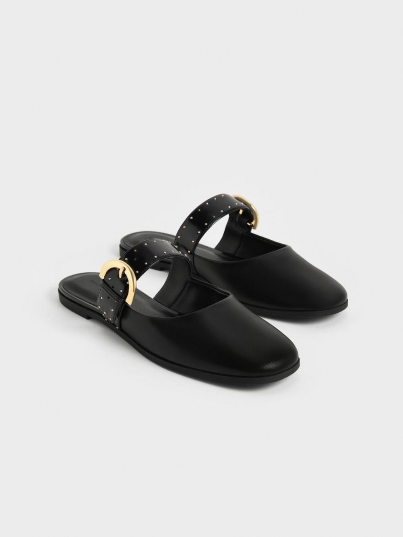 Charles And Keith Studded Buckled Flat Mules Black | PHILIPPINES L057