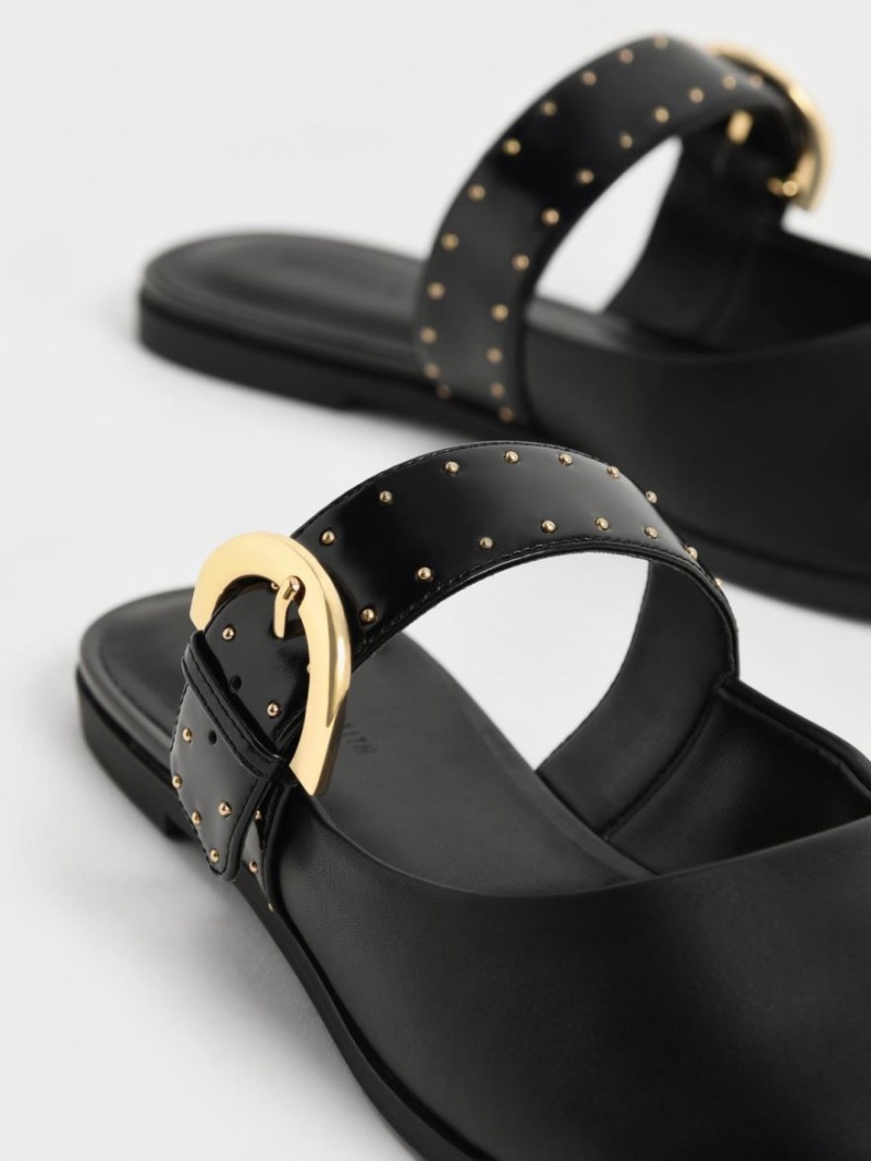 Charles And Keith Studded Buckled Flat Mules Black | PHILIPPINES L057