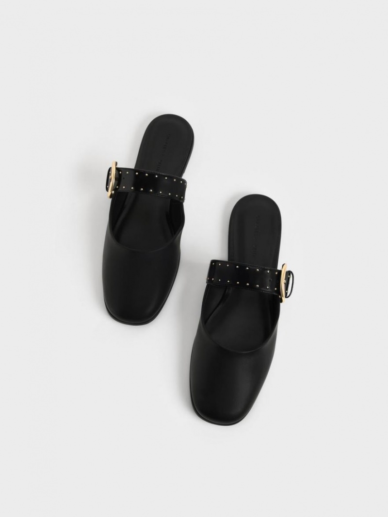 Charles And Keith Studded Buckled Flat Mules Black | PHILIPPINES L057