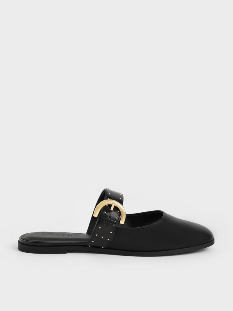 Charles And Keith Studded Buckled Flat Mules Black | PHILIPPINES L057