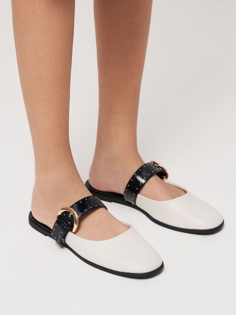 Charles And Keith Studded Buckled Flat Mules White | PHILIPPINES M794