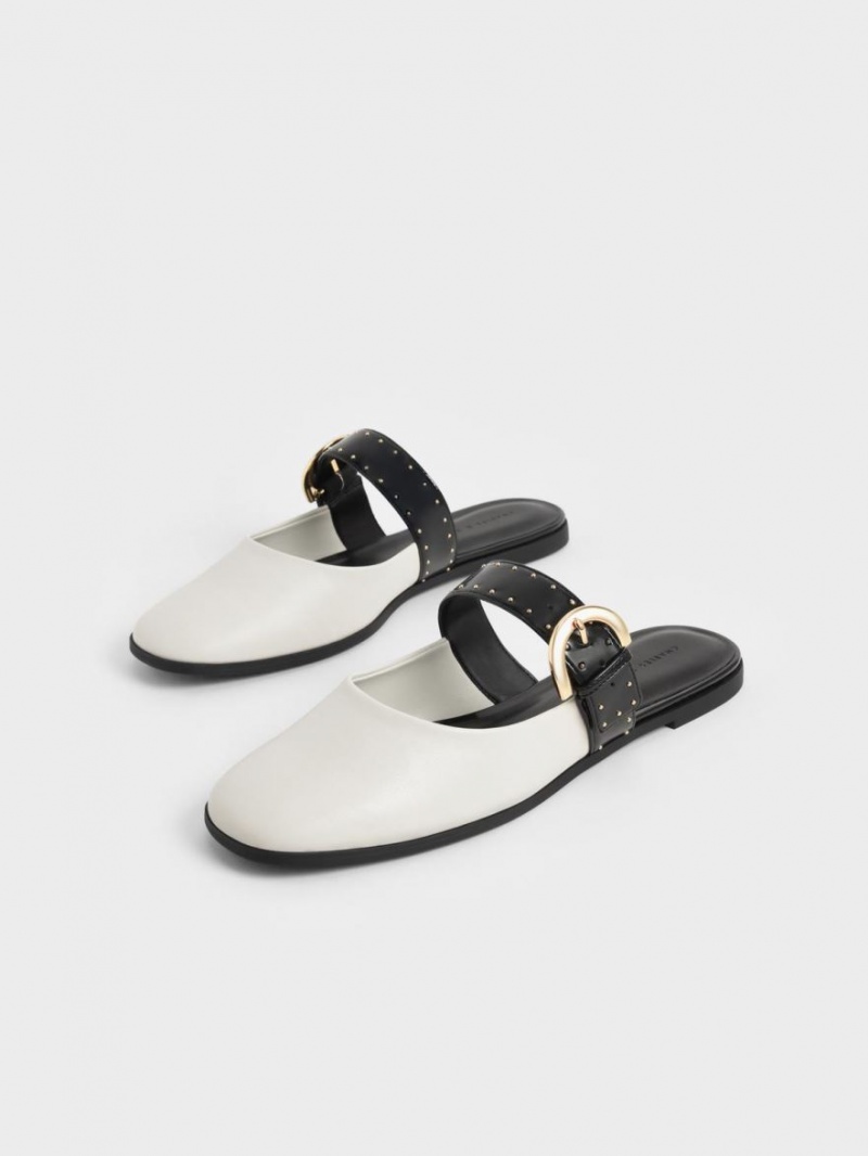 Charles And Keith Studded Buckled Flat Mules White | PHILIPPINES M794