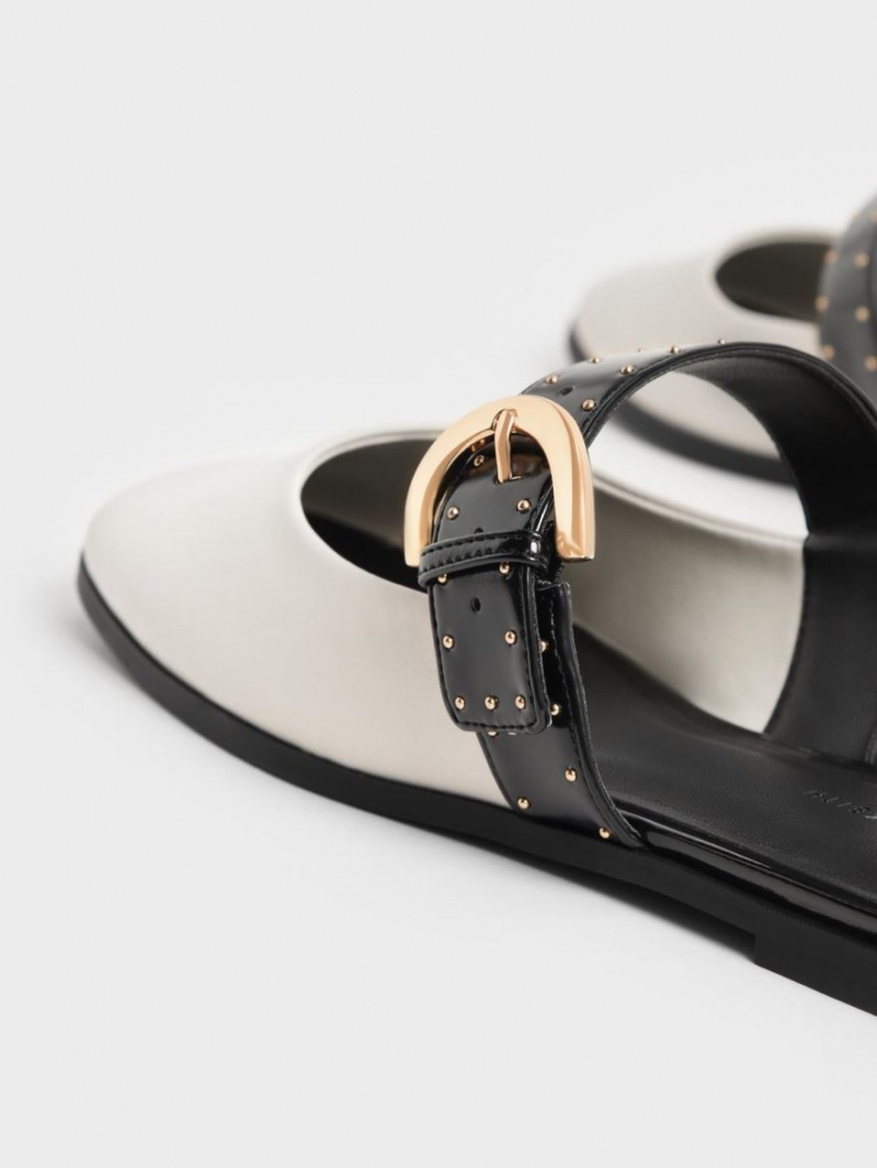 Charles And Keith Studded Buckled Flat Mules White | PHILIPPINES M794