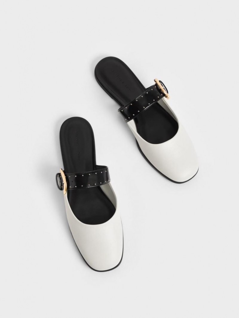 Charles And Keith Studded Buckled Flat Mules White | PHILIPPINES M794