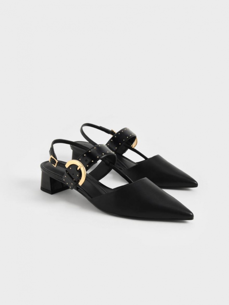 Charles And Keith Studded Buckled Slingback Pumps Black | PHILIPPINES P904