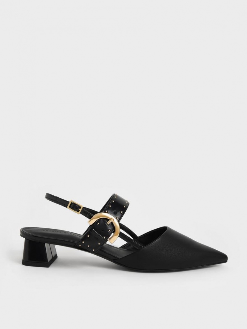 Charles And Keith Studded Buckled Slingback Pumps Black | PHILIPPINES P904