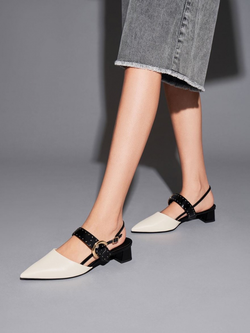 Charles And Keith Studded Buckled Slingback Pumps White | PHILIPPINES L931