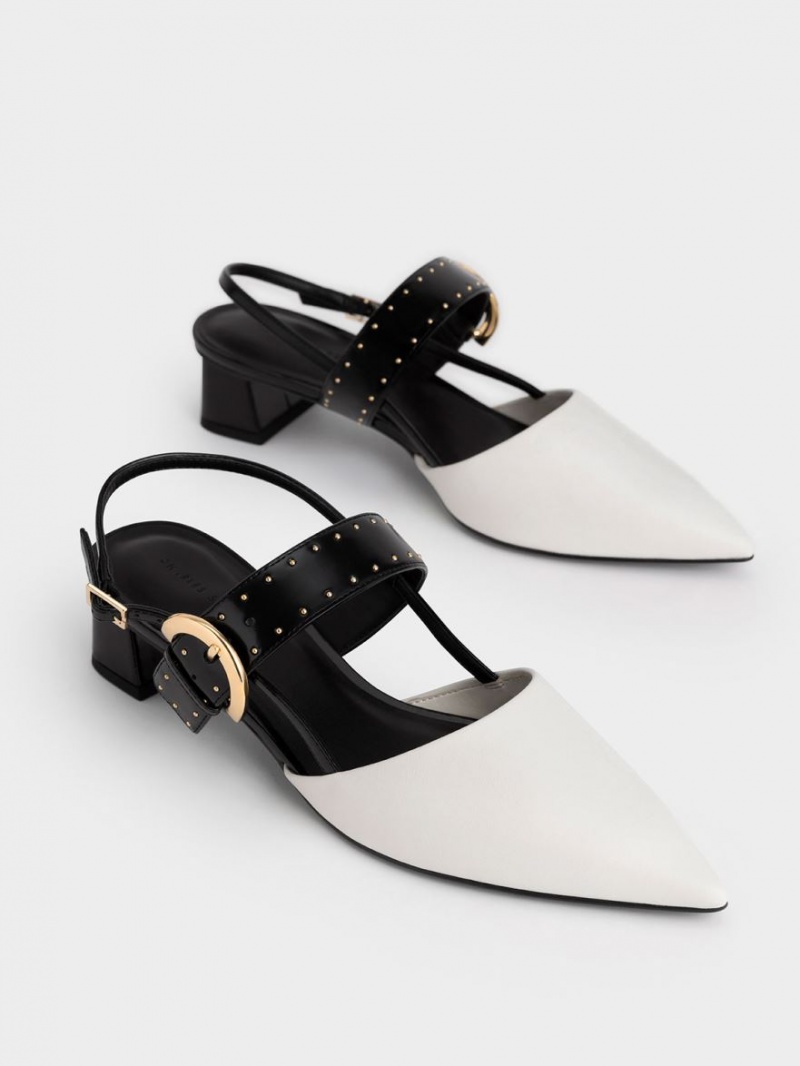 Charles And Keith Studded Buckled Slingback Pumps White | PHILIPPINES L931