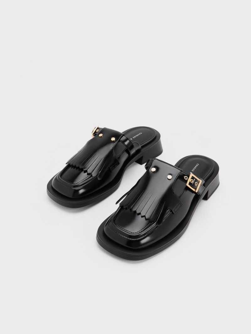 Charles And Keith Studded Cut-Out Fringe Mules Black | PHILIPPINES I610