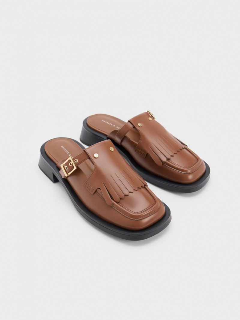 Charles And Keith Studded Cut-Out Fringe Mules Brown | PHILIPPINES K140