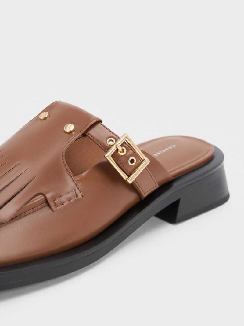 Charles And Keith Studded Cut-Out Fringe Mules Brown | PHILIPPINES K140