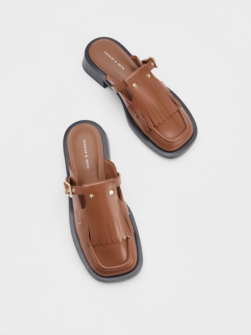 Charles And Keith Studded Cut-Out Fringe Mules Brown | PHILIPPINES K140