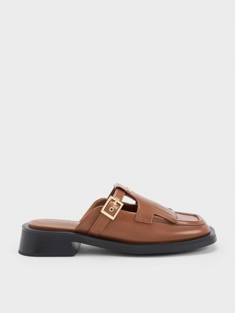 Charles And Keith Studded Cut-Out Fringe Mules Brown | PHILIPPINES K140