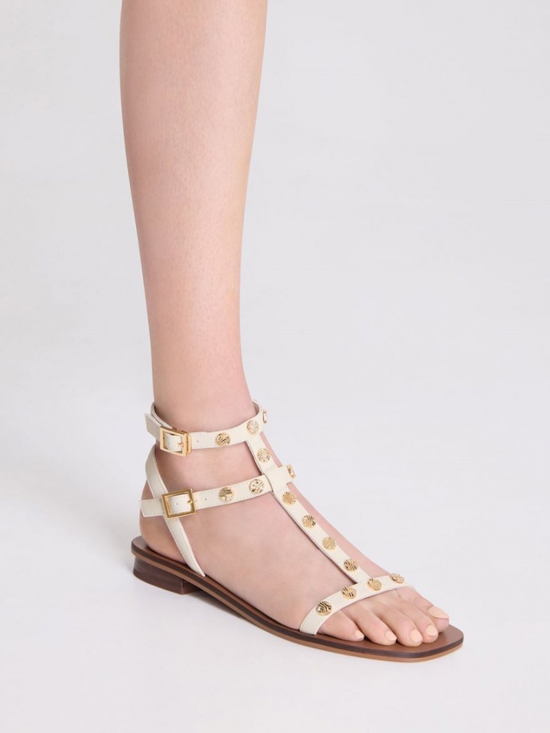 Charles And Keith Studded Gladiator Flat Sandals Cream | PHILIPPINES T143