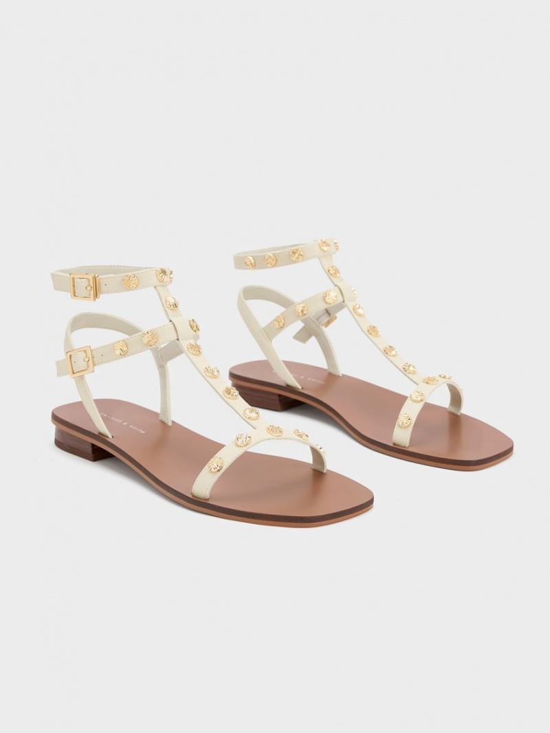 Charles And Keith Studded Gladiator Flat Sandals Cream | PHILIPPINES T143