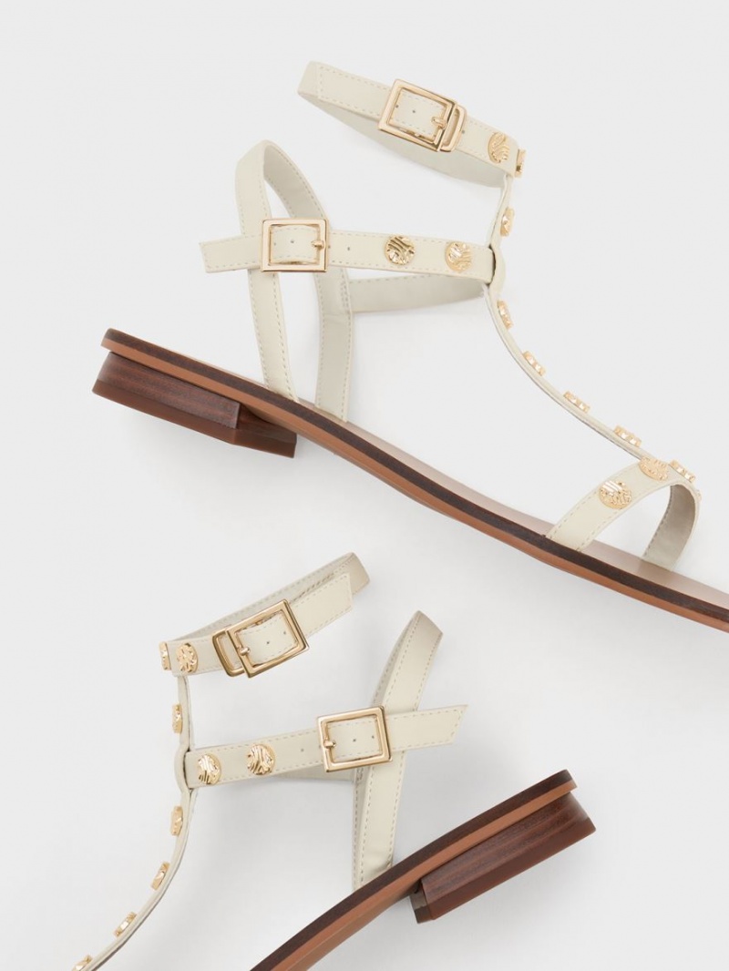 Charles And Keith Studded Gladiator Flat Sandals Cream | PHILIPPINES T143