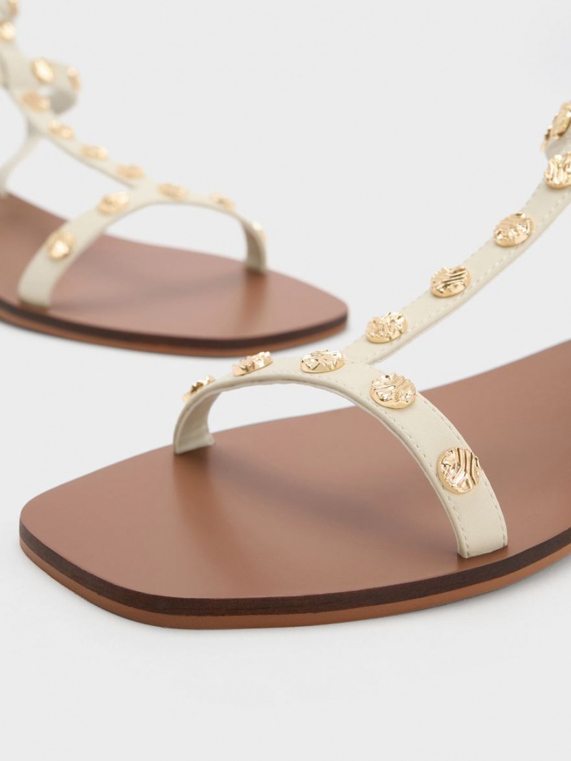 Charles And Keith Studded Gladiator Flat Sandals Cream | PHILIPPINES T143